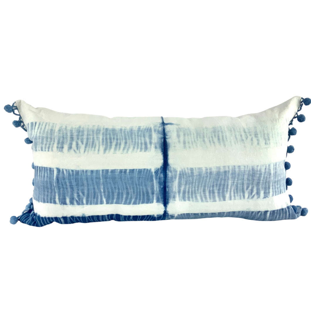 Shibori Indigo Linen Lumbar Cushion Cover w/ Pom Trim - OOAK