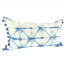 Load image into Gallery viewer, Shibori Indigo Linen Lumbar Cushion Cover w/ Pom Trim - OOAK
