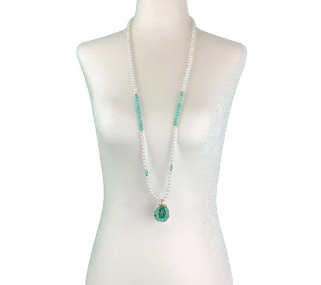White Jade + Turquoise Long Beaded Statement Necklace with Druzy Pendant