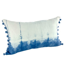 Load image into Gallery viewer, Shibori Indigo Linen Lumbar Cushion Cover w/ Pom Trim - OOAK
