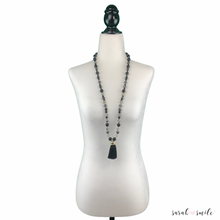 Load image into Gallery viewer, Black Onyx + Quartz Long Beaded Statement Necklace with Black Tassel
