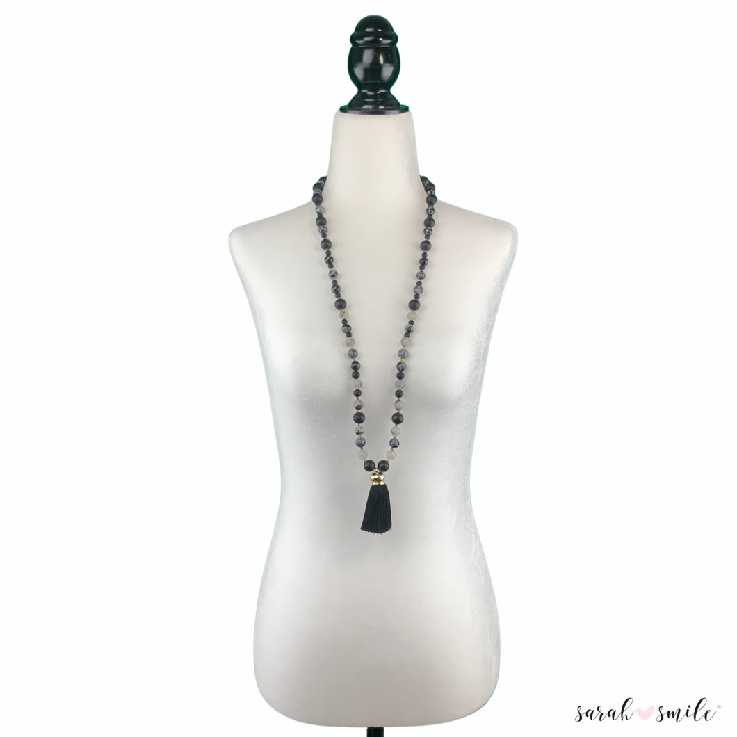 Black Onyx + Quartz Long Beaded Statement Necklace with Black Tassel