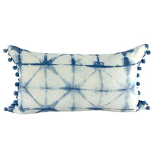 Load image into Gallery viewer, Shibori Indigo Linen Lumbar Cushion Cover w/ Pom Trim - OOAK
