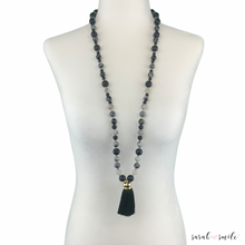 Load image into Gallery viewer, Black Onyx + Quartz Long Beaded Statement Necklace with Black Tassel
