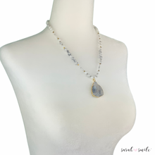 Load image into Gallery viewer, Howlite + White Jade Beaded Necklace with Galaxy Druzy Pendant
