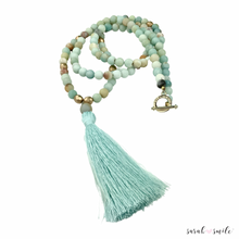 Load image into Gallery viewer, Extra Long Amazonite Beaded Necklace with Tassel
