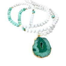 Load image into Gallery viewer, White Jade + Turquoise Long Beaded Statement Necklace with Druzy Pendant
