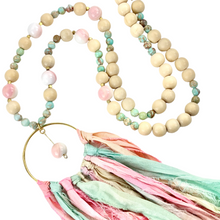 Load image into Gallery viewer, Wood + Conch Shell + Turquoise Long Beaded Statement Necklace with Sari Tassel
