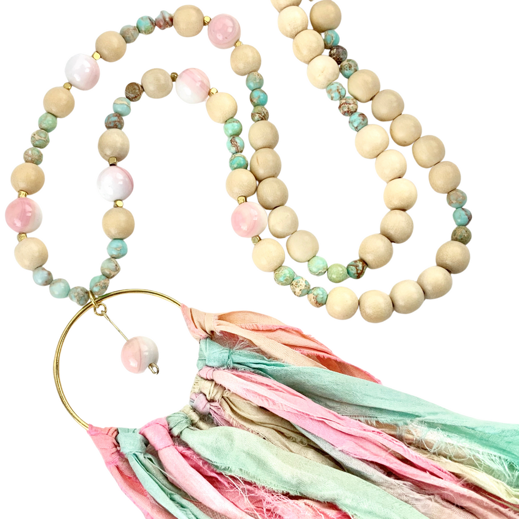 Wood + Conch Shell + Turquoise Long Beaded Statement Necklace with Sari Tassel