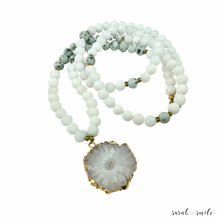 Load image into Gallery viewer, White Jade + Matte Jasper Long Beaded Necklace w/ a Solar Quartz Pendant
