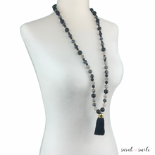 Load image into Gallery viewer, Black Onyx + Quartz Long Beaded Statement Necklace with Black Tassel
