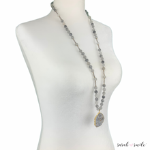 Load image into Gallery viewer, Quartz + Labradorite Long Beaded Statement Necklace with a Druzy Pendant
