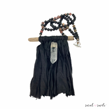 Load image into Gallery viewer, Black Onyx + Rhodonite Long Beaded Statement Necklace with Black Sari Tassel
