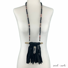 Load image into Gallery viewer, Black Onyx + Rhodonite Long Beaded Statement Necklace with Black Sari Tassel
