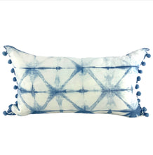 Load image into Gallery viewer, Shibori Indigo Linen Lumbar Cushion Cover w/ Pom Trim - OOAK
