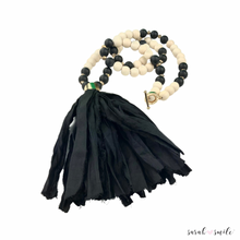 Load image into Gallery viewer, Black Onyx + Wood Long Beaded Statement Necklace with Sari Tassel
