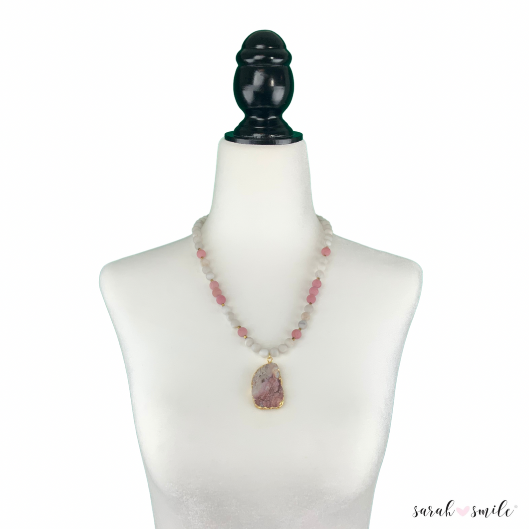 Rhodonite + Agate Beaded Necklace with a Galaxy Druzy Pendant