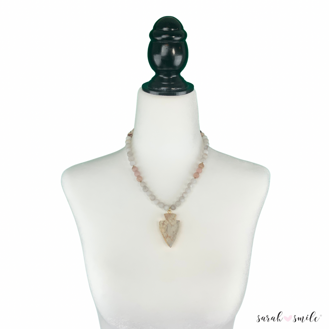 White Agate + Matte Jasper Beaded Necklace with a Galaxy Druzy Pendant