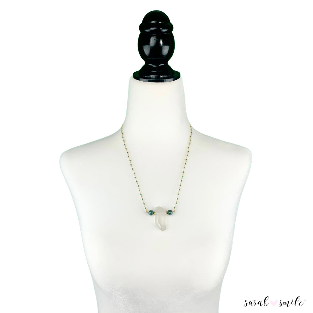 Malachite Rosary Chain Necklace with Quartz + Green Tiger Eye Pendant