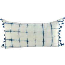 Load image into Gallery viewer, Shibori Indigo Linen Lumbar Cushion Cover w/ Pom Trim - OOAK
