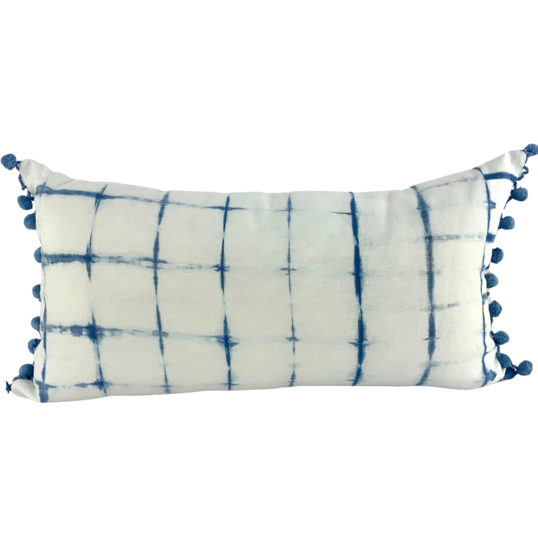 Shibori Indigo Linen Lumbar Cushion Cover w/ Pom Trim - OOAK