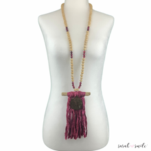 Load image into Gallery viewer, Extra Long Wood + Tiger Eye Beaded Statement Necklace with Sari Tassel
