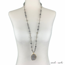 Load image into Gallery viewer, Quartz + Labradorite Long Beaded Statement Necklace with a Druzy Pendant
