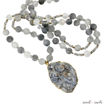 Load image into Gallery viewer, Quartz + Labradorite Long Beaded Statement Necklace with a Druzy Pendant
