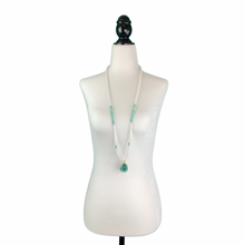 Load image into Gallery viewer, White Jade + Turquoise Long Beaded Statement Necklace with Druzy Pendant
