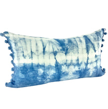 Load image into Gallery viewer, Shibori Indigo Linen Lumbar Cushion Cover w/ Pom Trim - OOAK
