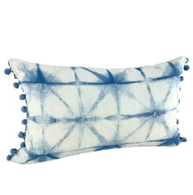 Load image into Gallery viewer, Shibori Indigo Linen Lumbar Cushion Cover w/ Pom Trim - OOAK
