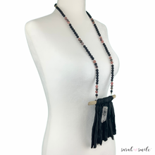 Load image into Gallery viewer, Black Onyx + Rhodonite Long Beaded Statement Necklace with Black Sari Tassel
