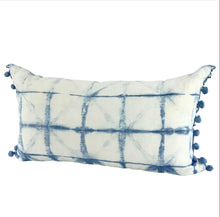 Load image into Gallery viewer, Shibori Indigo Linen Lumbar Cushion Cover w/ Pom Trim - OOAK
