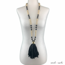 Load image into Gallery viewer, Black Onyx + Wood Long Beaded Statement Necklace with Sari Tassel
