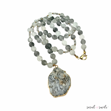 Load image into Gallery viewer, Quartz + Labradorite Long Beaded Statement Necklace with a Druzy Pendant
