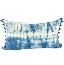 Load image into Gallery viewer, Shibori Indigo Linen Lumbar Cushion Cover w/ Pom Trim - OOAK
