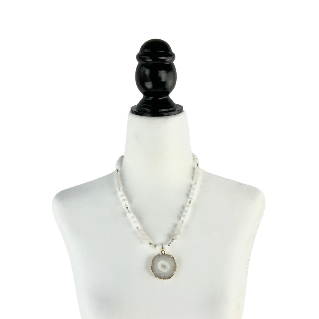 White Jade + Rose Quartz Beaded Necklace with a Solar Quartz Pendant