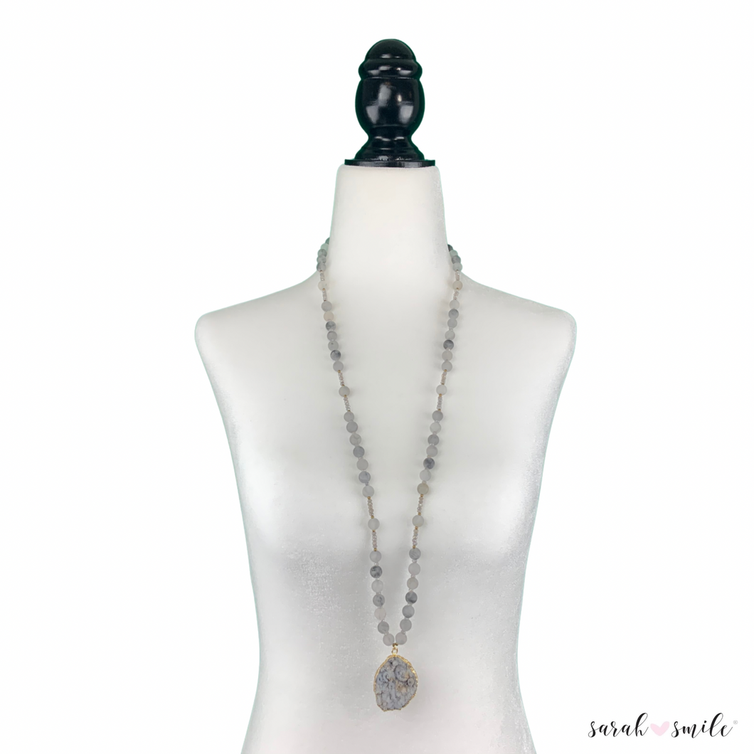 Quartz + Labradorite Long Beaded Statement Necklace with a Druzy Pendant