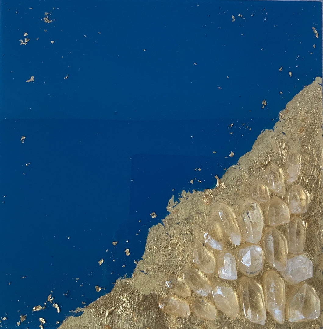 Blue + Gold + Quartz Resin Art - 12”x12”