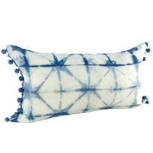 Load image into Gallery viewer, Shibori Indigo Linen Lumbar Cushion Cover w/ Pom Trim - OOAK
